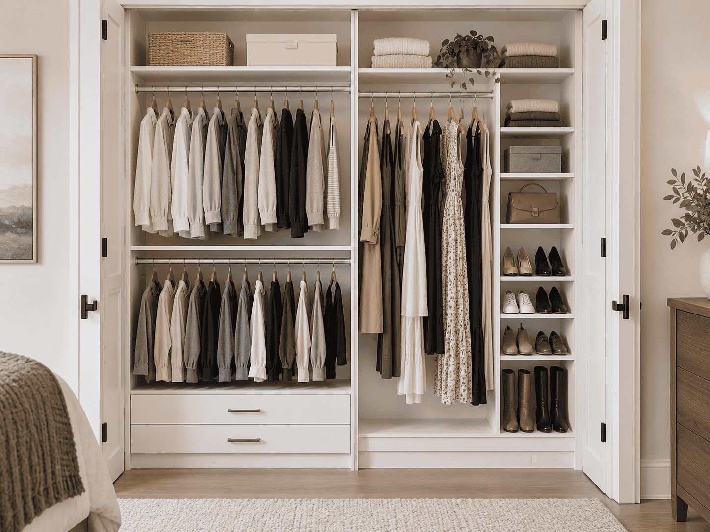 Reach-in bedroom closet with double hanging rods, shoe shelves, and drawers