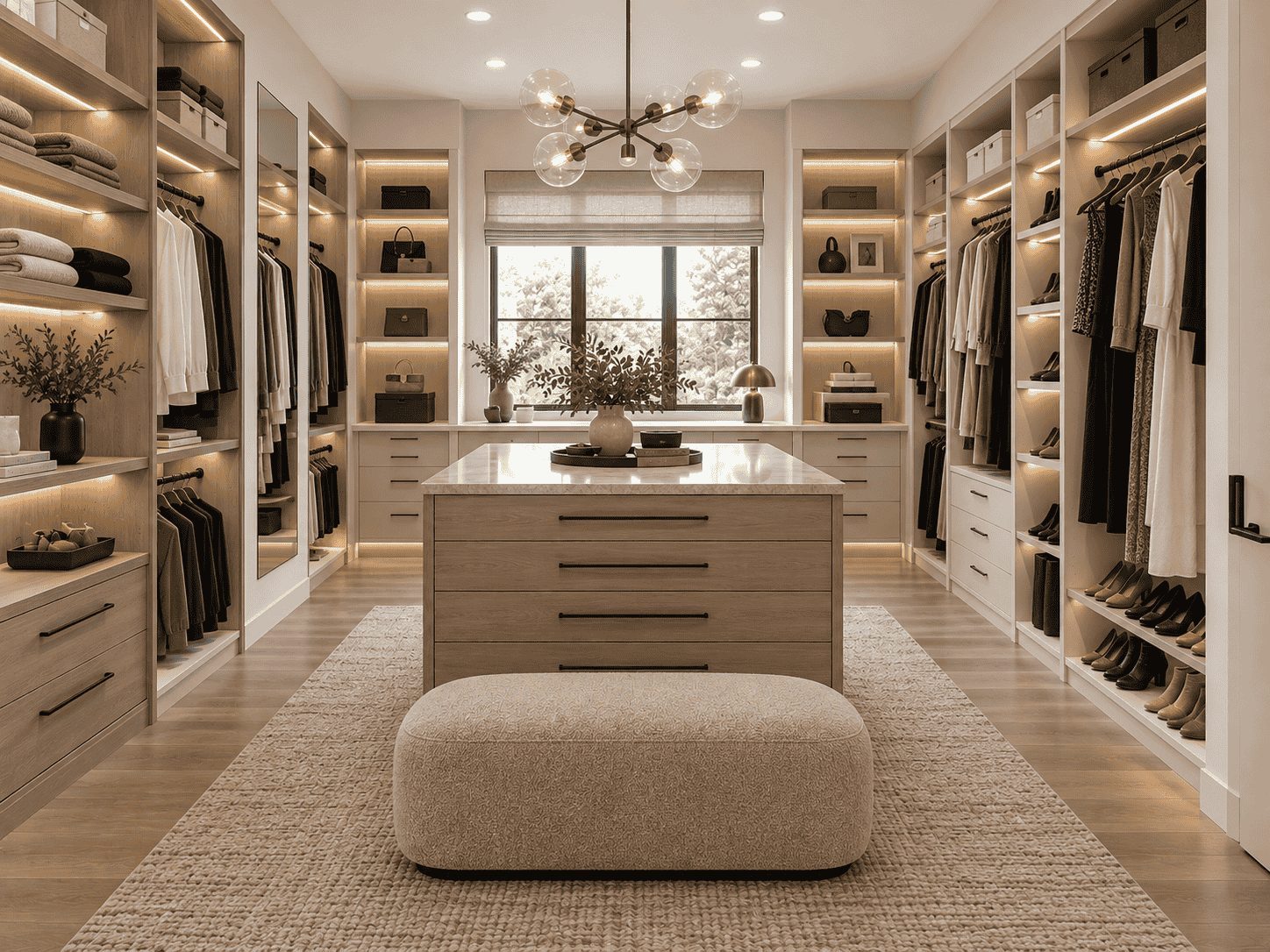 Large walk-in closet with lighted shelving, an island with drawers, and an ottoman