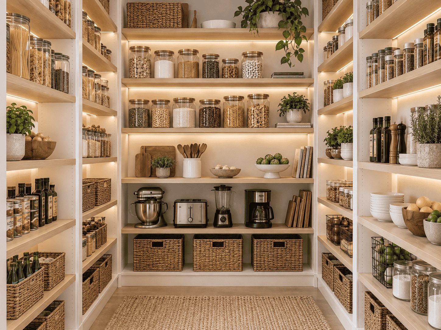 Walk-in pantry with lighted wood shelves, jars, baskets, and small appliances